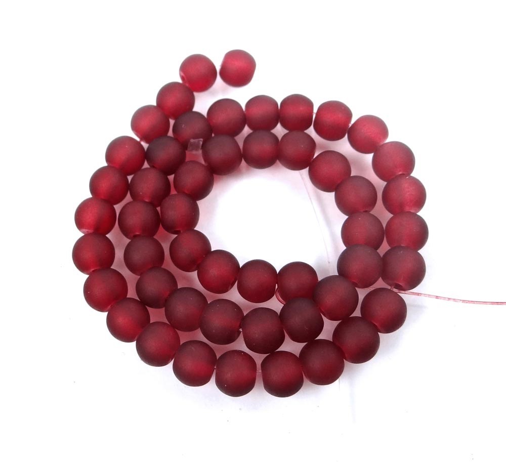 50 Czech Frosted Sea Glass Round / Rocaille Beads Matte – Dark Red 6mm