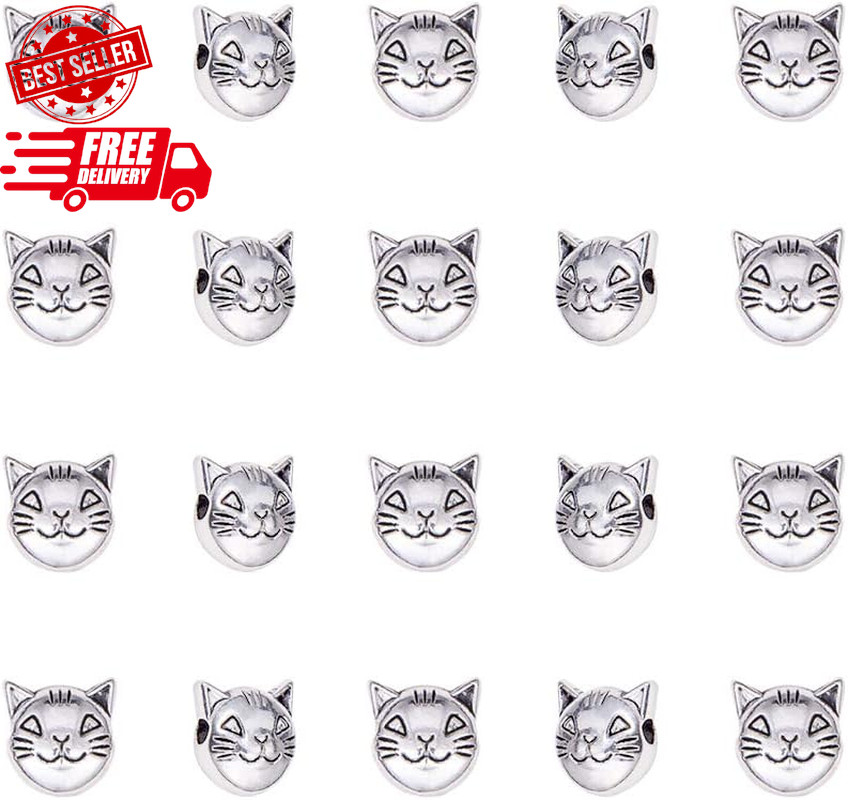 100Pcs Antique Silver Cat Head Beads for Jewelry Making, 8x8mm, 2mm Hole