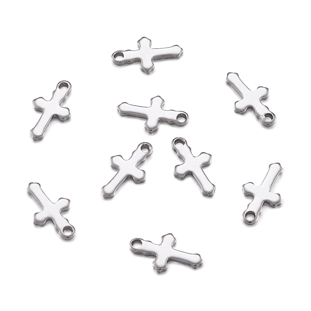 100pcs 304 Stainless Steel Cross Charms Pendants Steel Color 12x7x1mm Hole 1.5mm