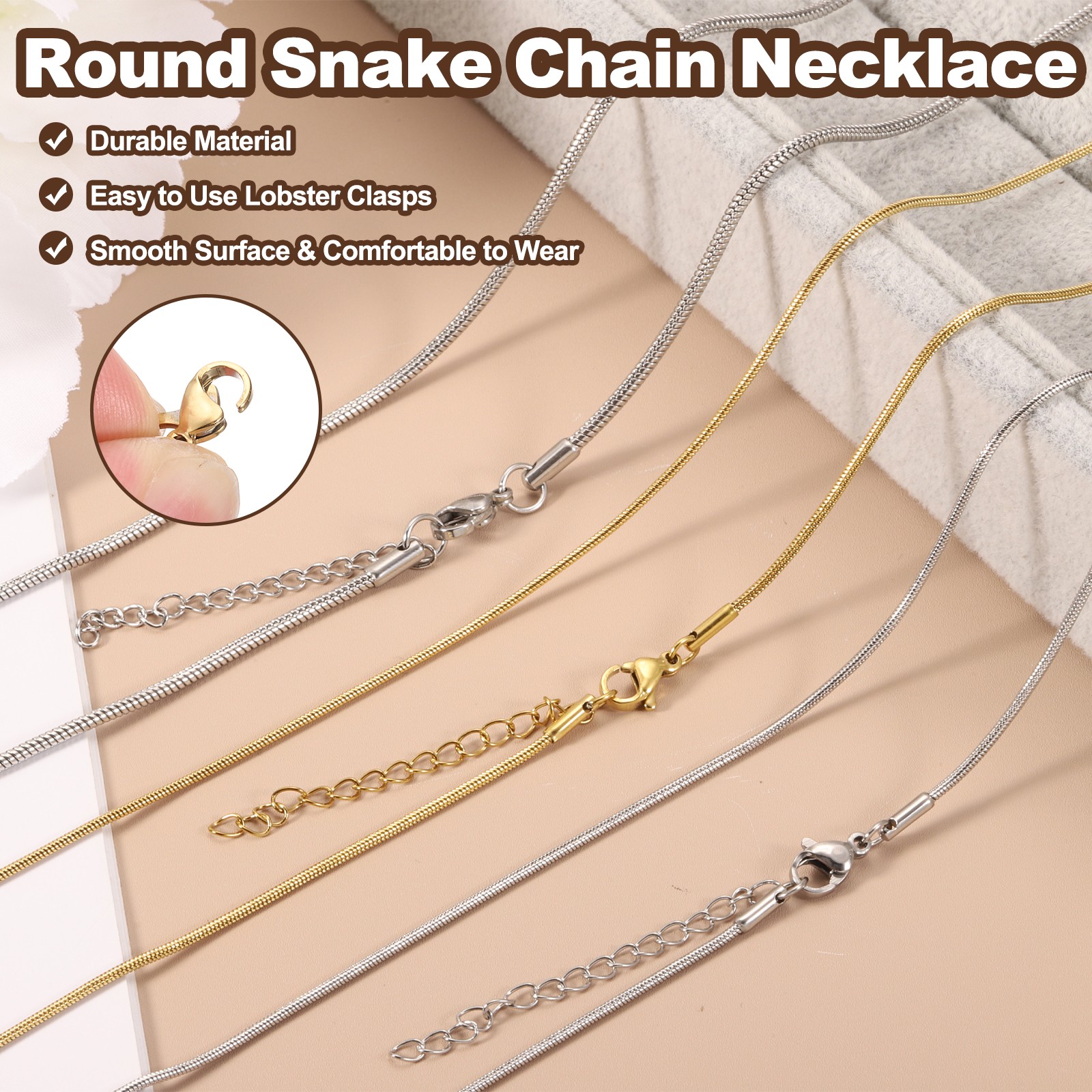 1.2mm/0.05″ Snake Chain Necklace, 12Pcs 20″ Round Chain Necklace, Gold Tone
