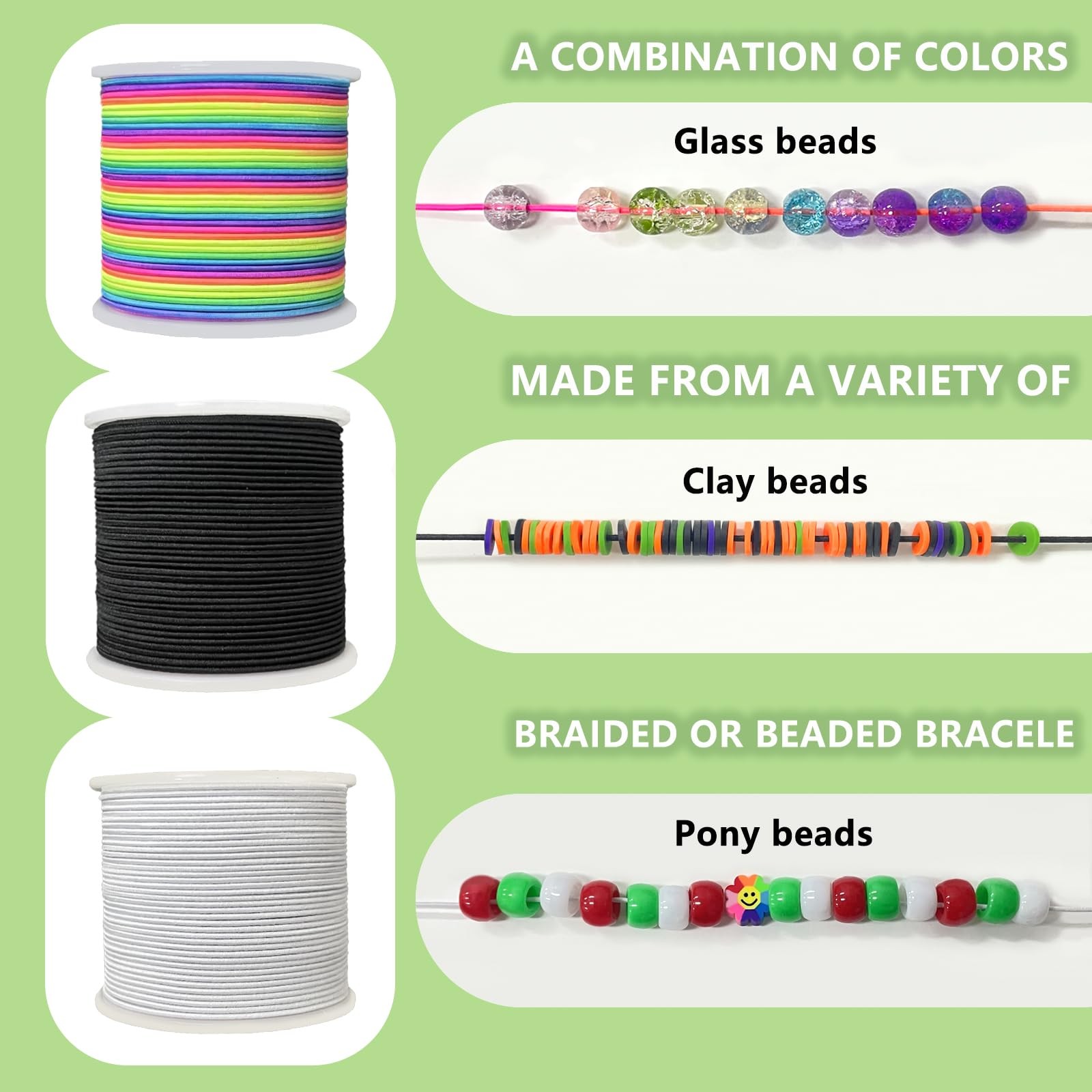 JULIMAIDONG 3 Rolls 1.0 mm 255 Feet 255ft, Black &White &Rainbow