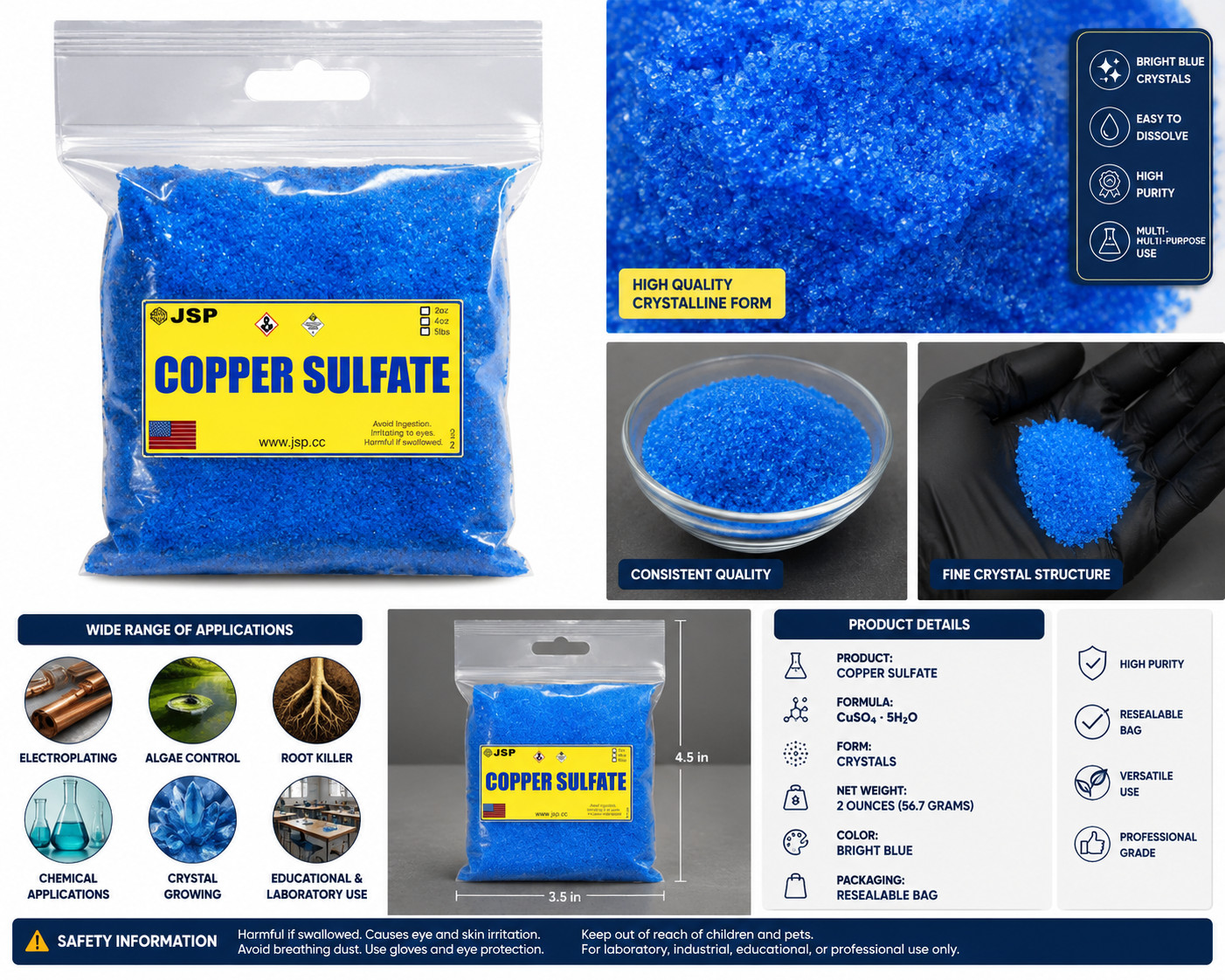 JSP Copper Sulfate Crystals 2 oz Copper Electroplating Pentahydrate Crystals