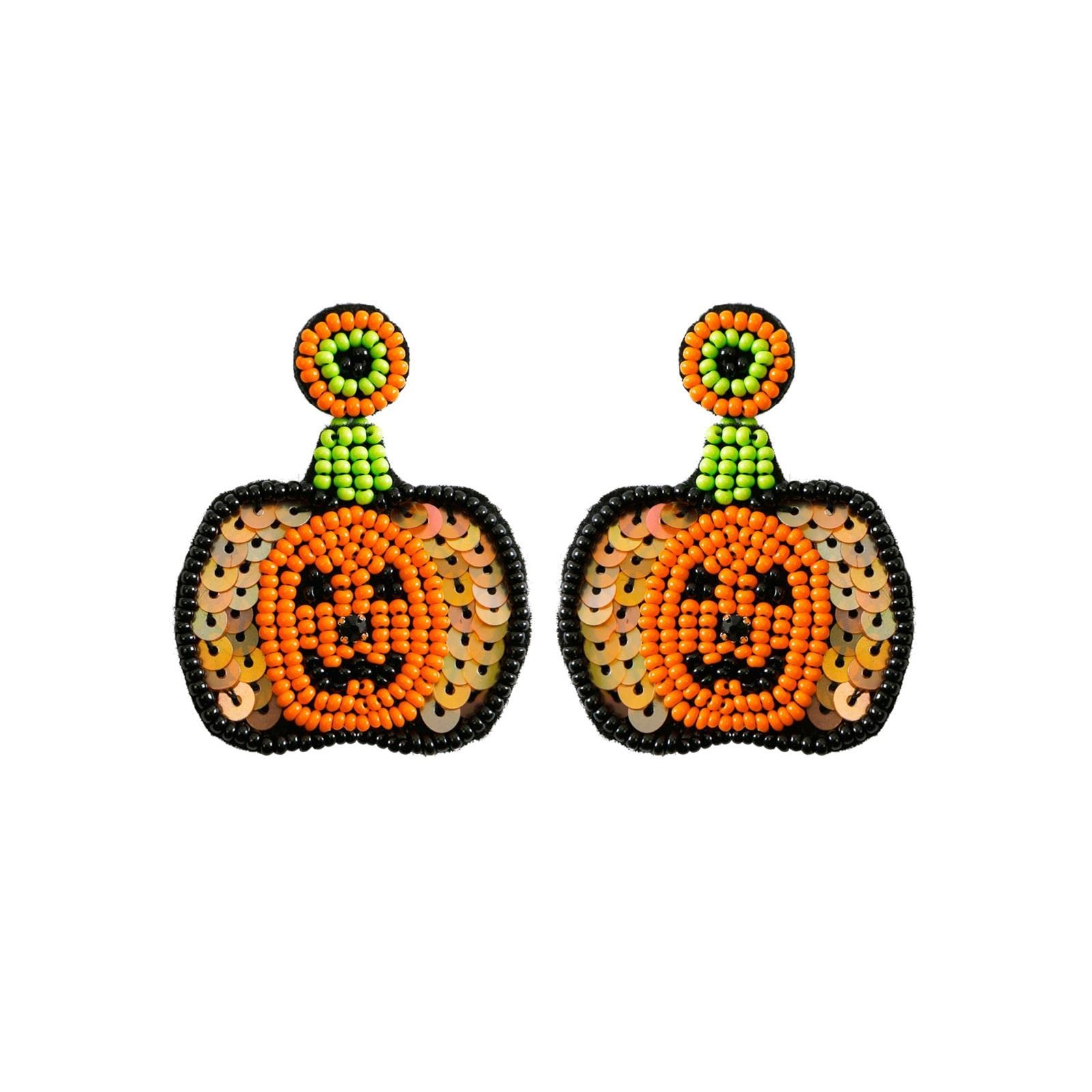 Halloween Pumpkin Spider Web BOO Ghost Bat Seed Beaded Dangle Earrings Hand – 02