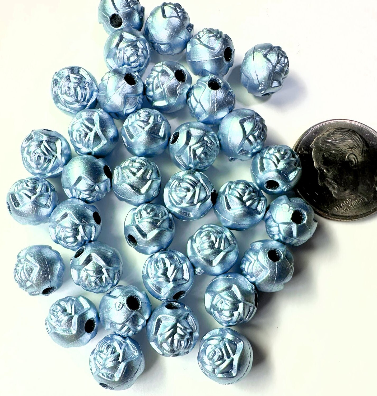 Bead, 100 Metallic Light Teal Acrylic 8mm Round Rose Flower Beads