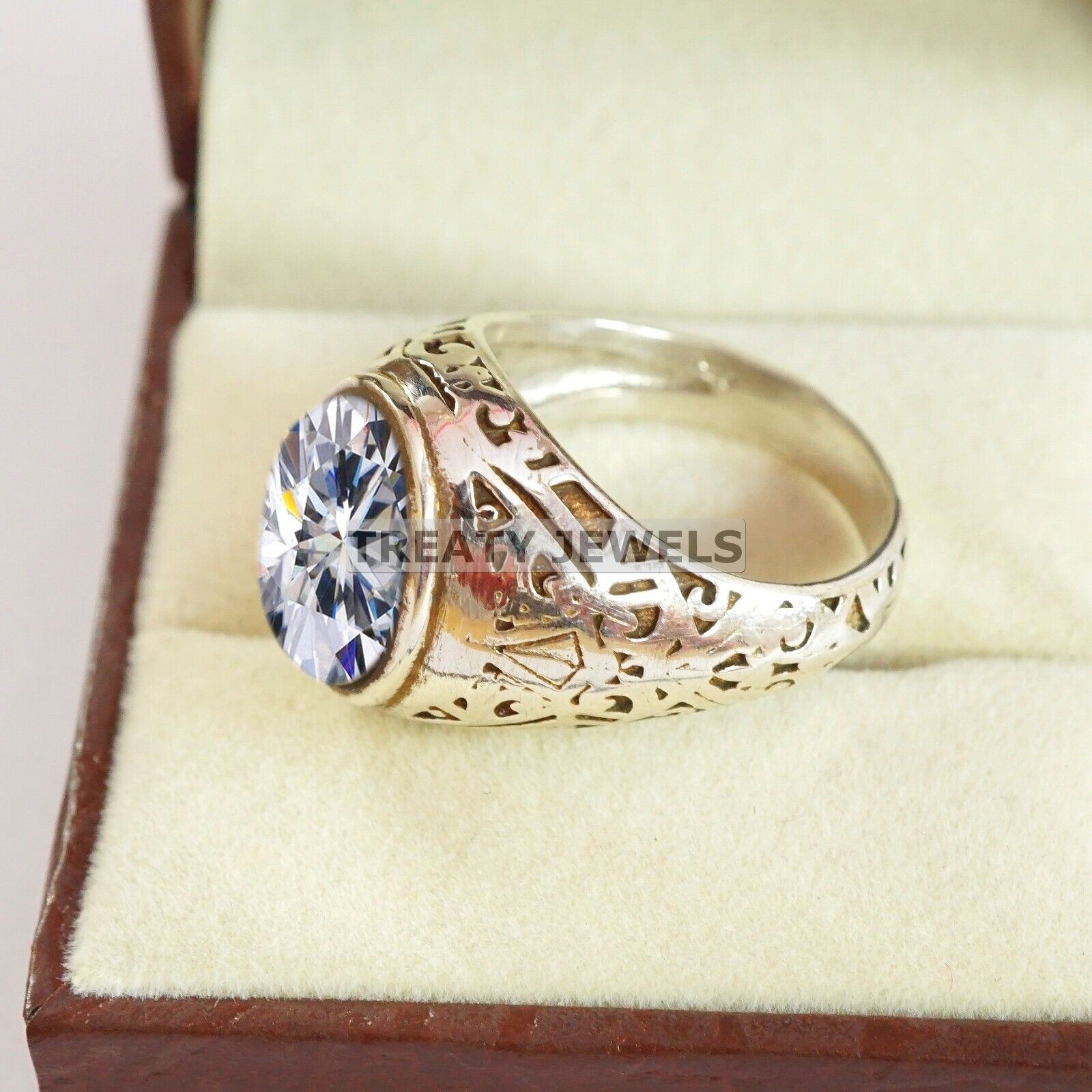 Moissanite Oval Cut Gemstone With Solid 14K White Gold Ring For Men’s #B275 #