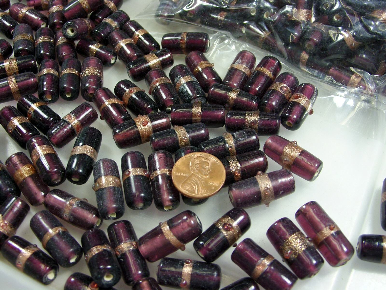 2 Pounds India Long Purple Fancy Handmade Glass Beads Wholesale Bulk Lot (EX-38)