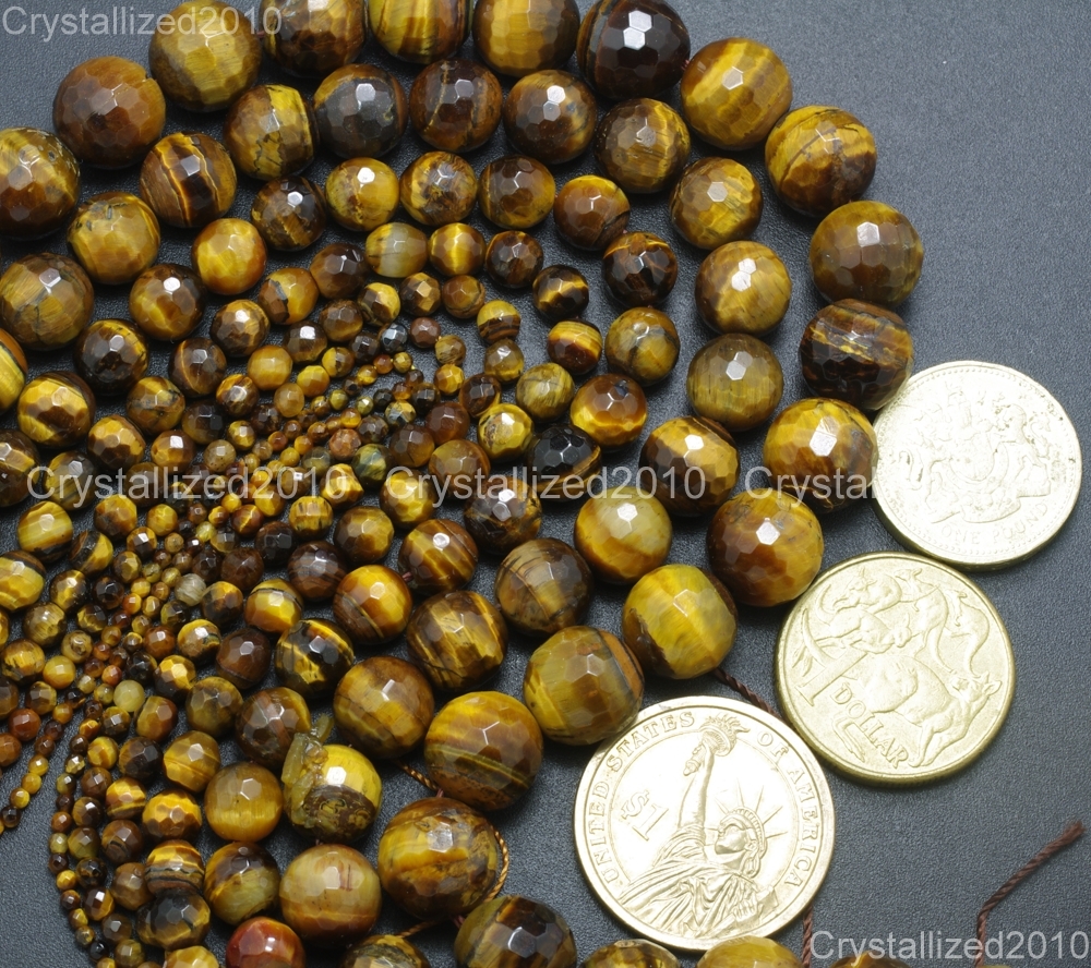 Natural Tiger’s Eye Gemstone Faceted Round Beads 2mm 4mm 6mm 8mm 10mm 12mm 15″