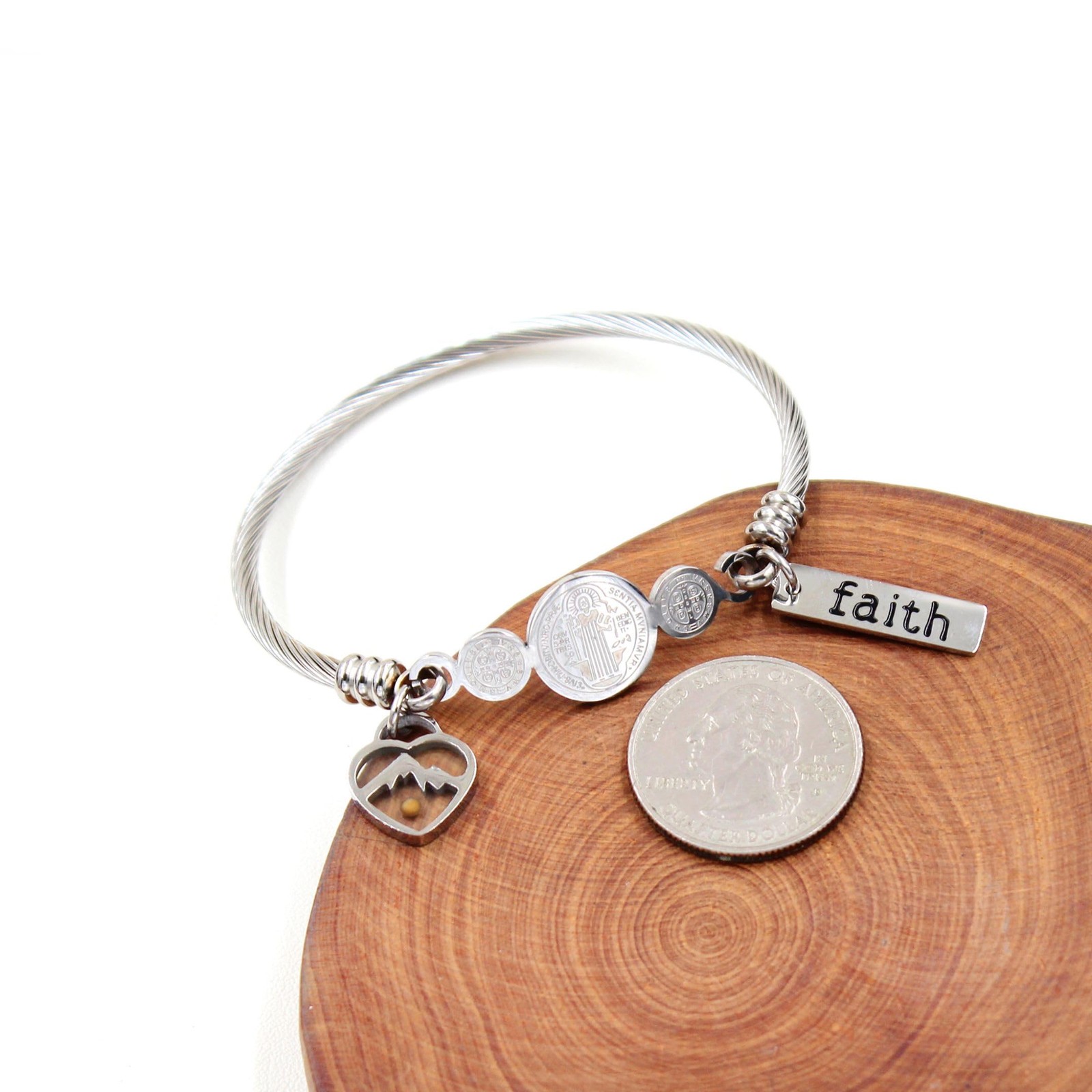 Platinum Plated Twisted Rope Saint Benedict Medal Bangle Bracelets for Wome – 01
