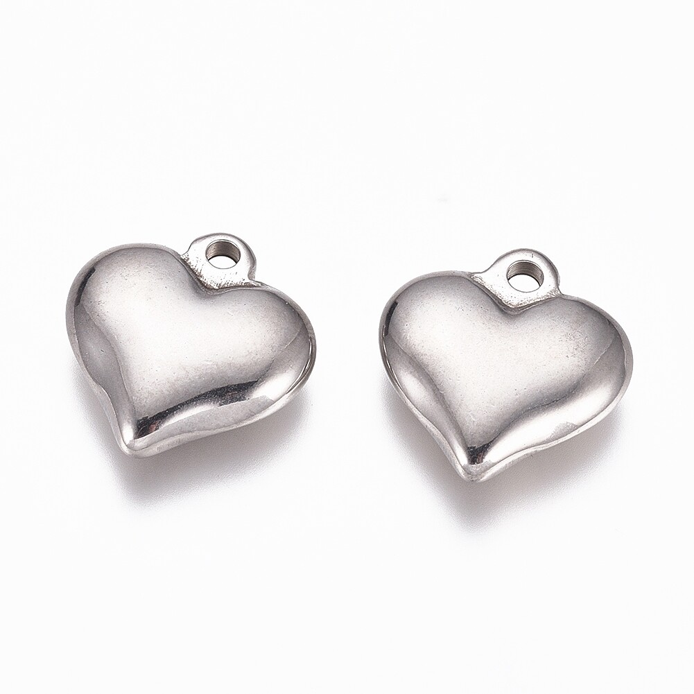 10Pcs 304 Stainless Steel Puffed Heart Pendants Charms Steel Color 15×14.5x4mm