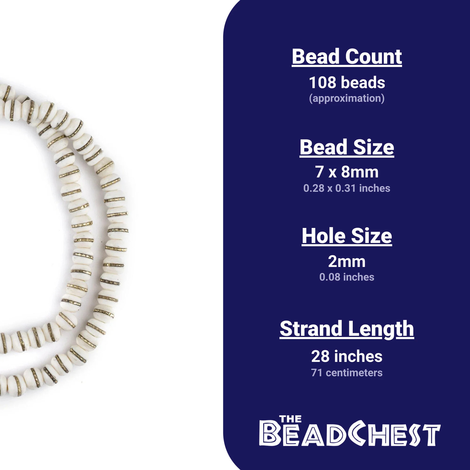 Brass-Inlaid White Bone Mala Beads 8mm Nepal Round Large Hole 28 Inch Strand