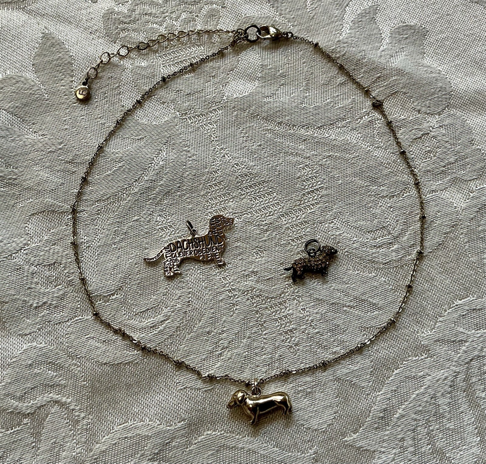Three Dachshund Charms 1 Sterling Silver 1 Gold Tone With Chain 1 Rhinestones