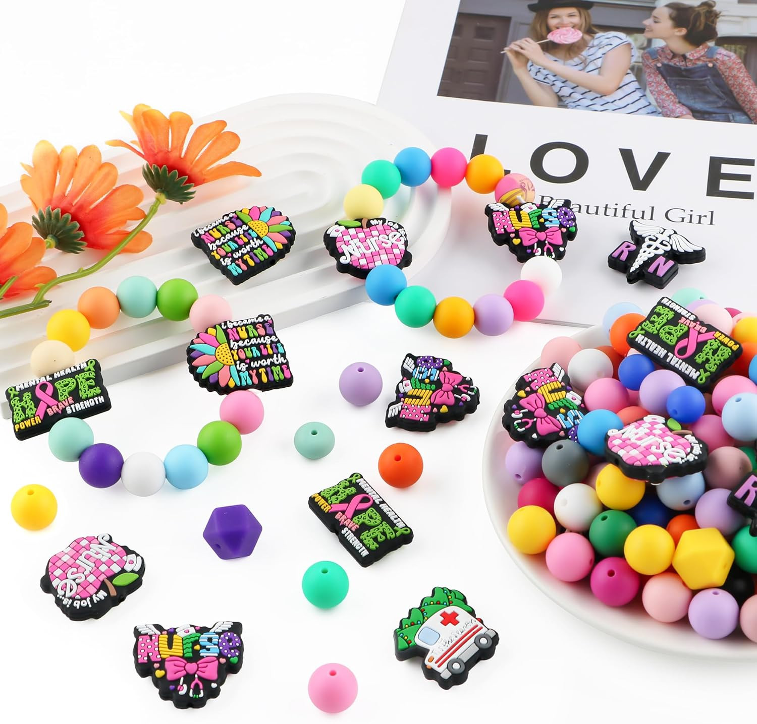 Lovymi 12PCS Medical Silicone Focal Beads for Pens, Bowknot Nurse Silicone Beads