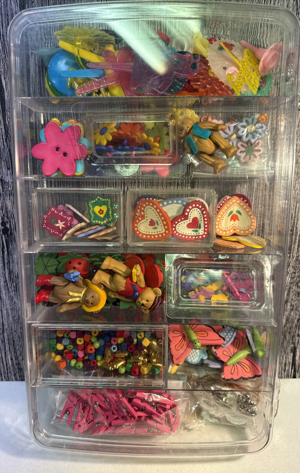 Plastic Case Of Valentine Craft Items- Beads, Charms, Plastic People – Free Ship