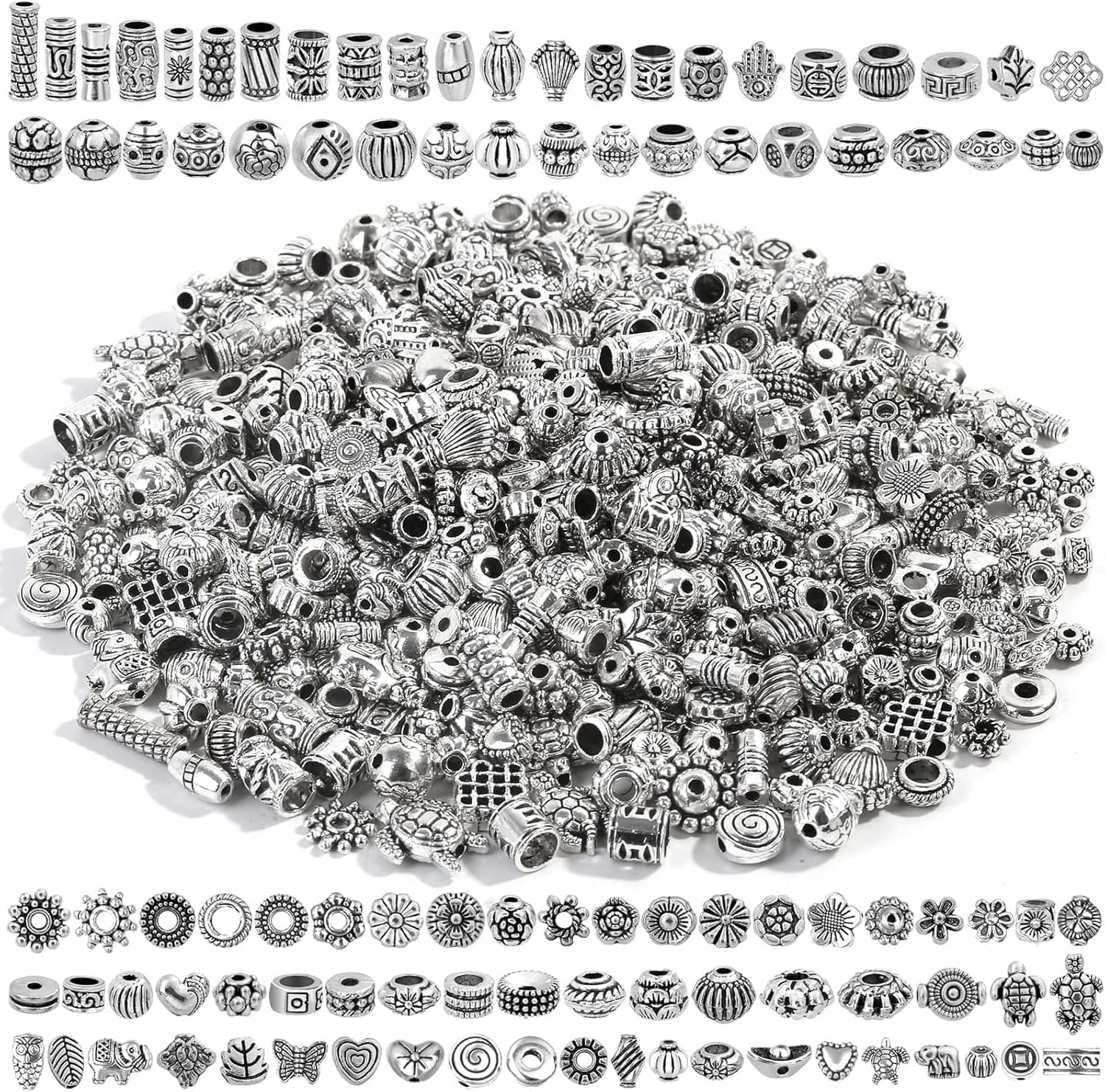 500 Pcs Bracelet Spacer Beads Silver Bulk Random Styles Loose Spacer Metal Charm