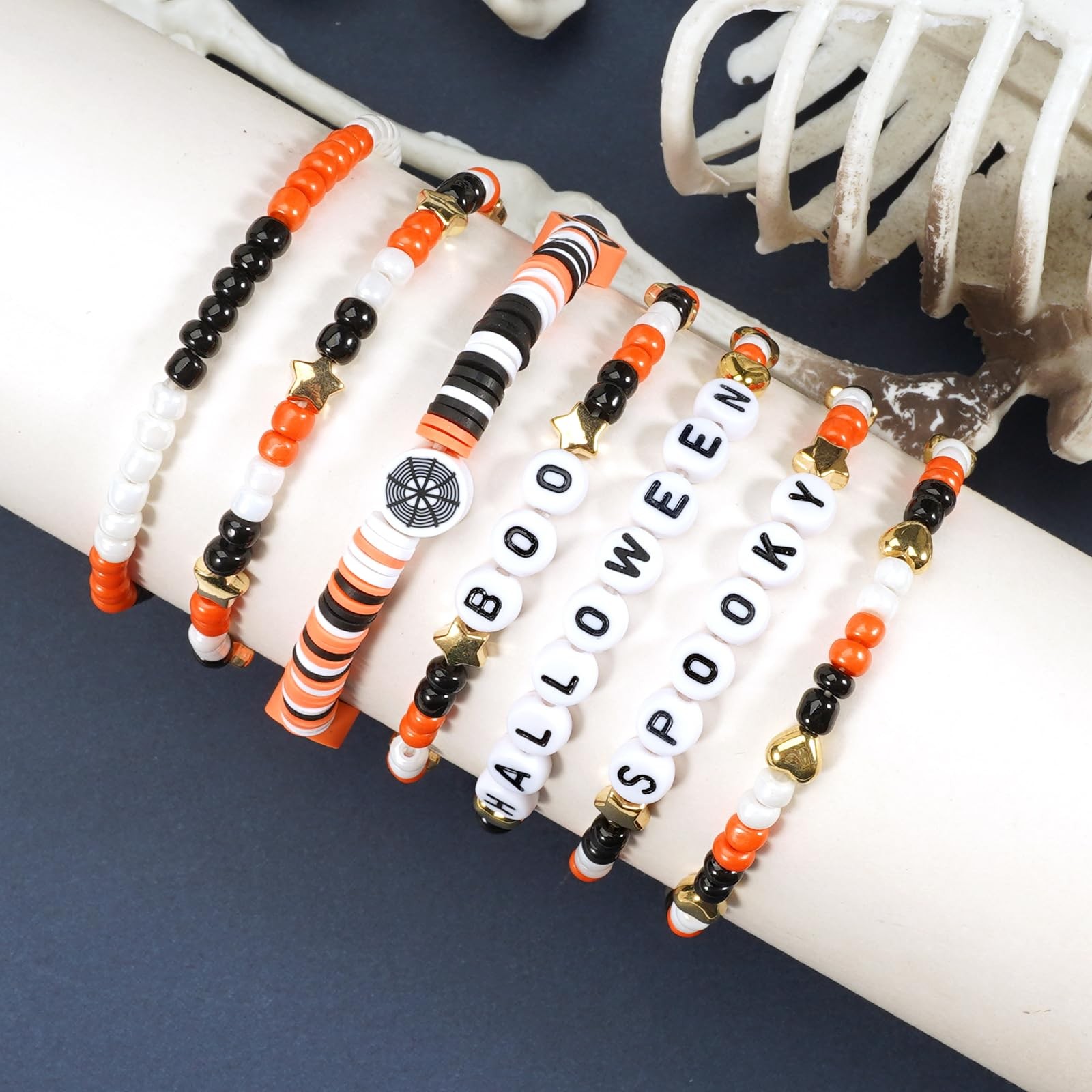 Halloween Heishi Bracelets for Women Boo Pumpkin Skull Spider Web Beaded Bracele