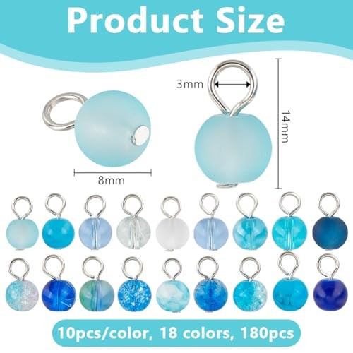 180pcs 18 Colors Round Dangle Charm Pendants 8mm Blue Glass Charms Crystal