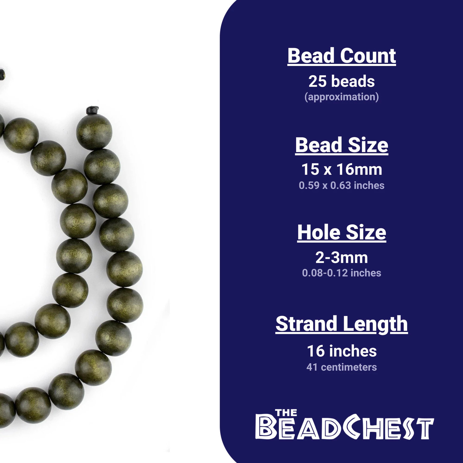 Olive Green Round Natural Wood Beads 16mm Large Hole 16 Inch Strand
