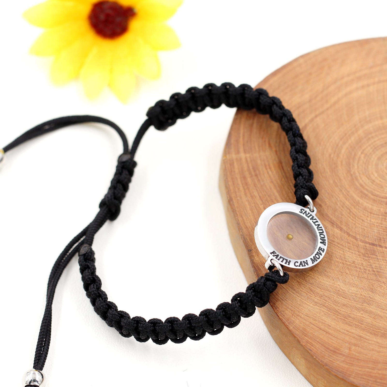 Handmade Black Braided Rope Bracelet with Round Mustard Seed, Engraved Faith Can