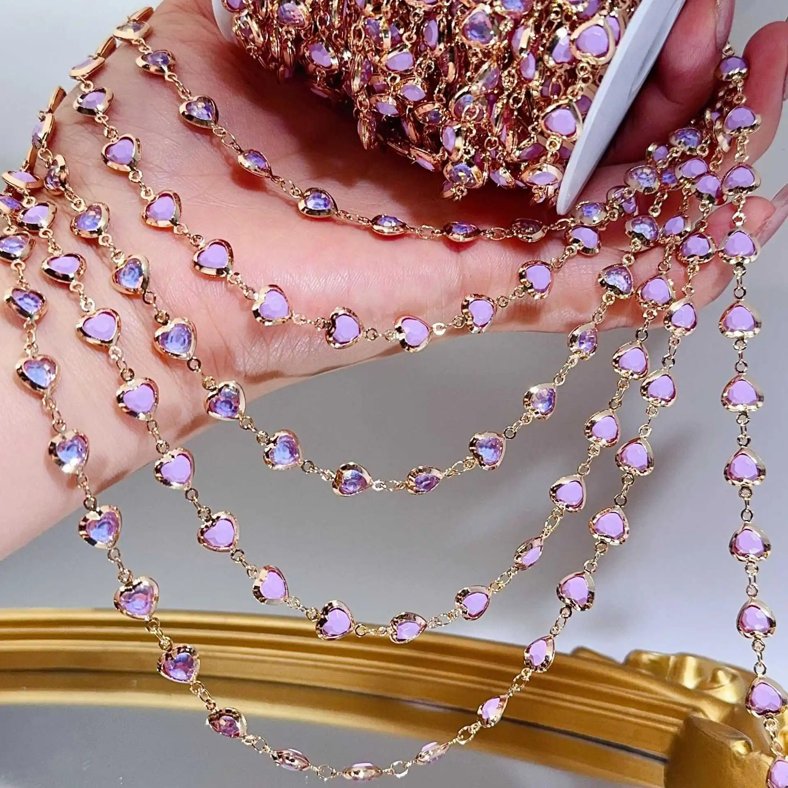 1 Meter Romantic Purple Crystal Heart Beads Copper Chain for DIY Bracelets Neckl