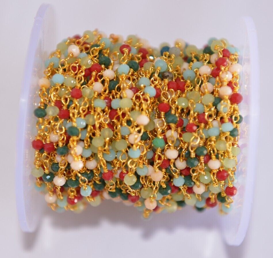 multi glass beads beaded rosary chain, Gold plated jewelry making bulk chain