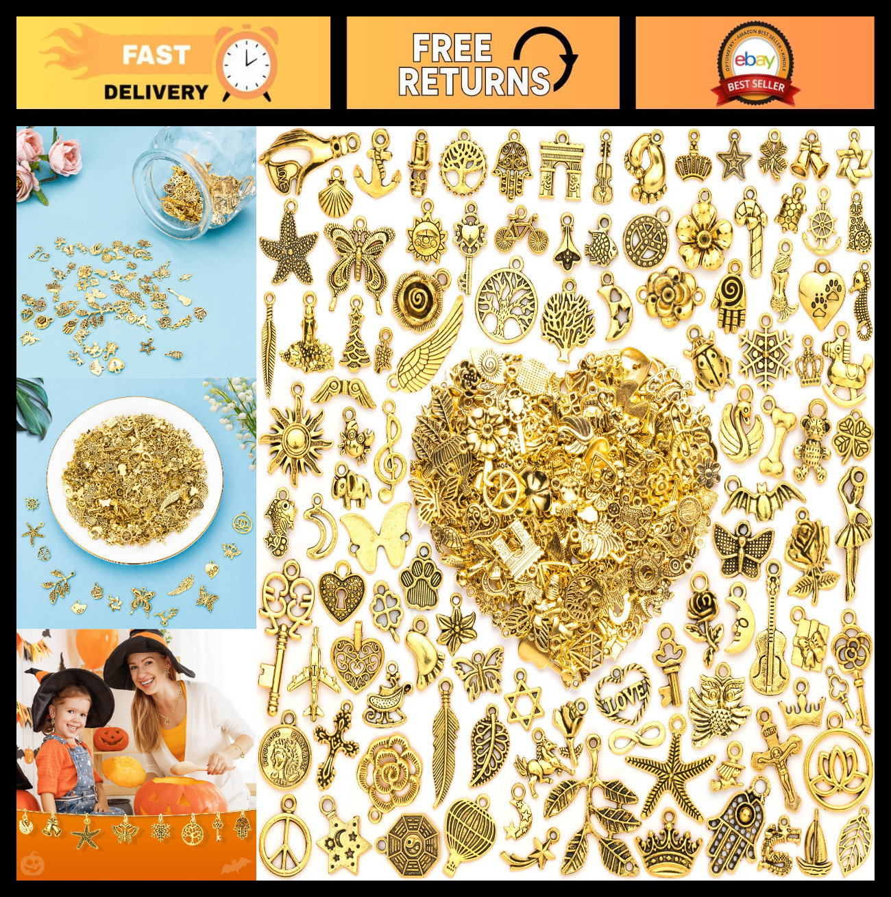 460 Pcs Assorted Jewelry Making Charms – Antique Gold Metal Pendants for Bracele