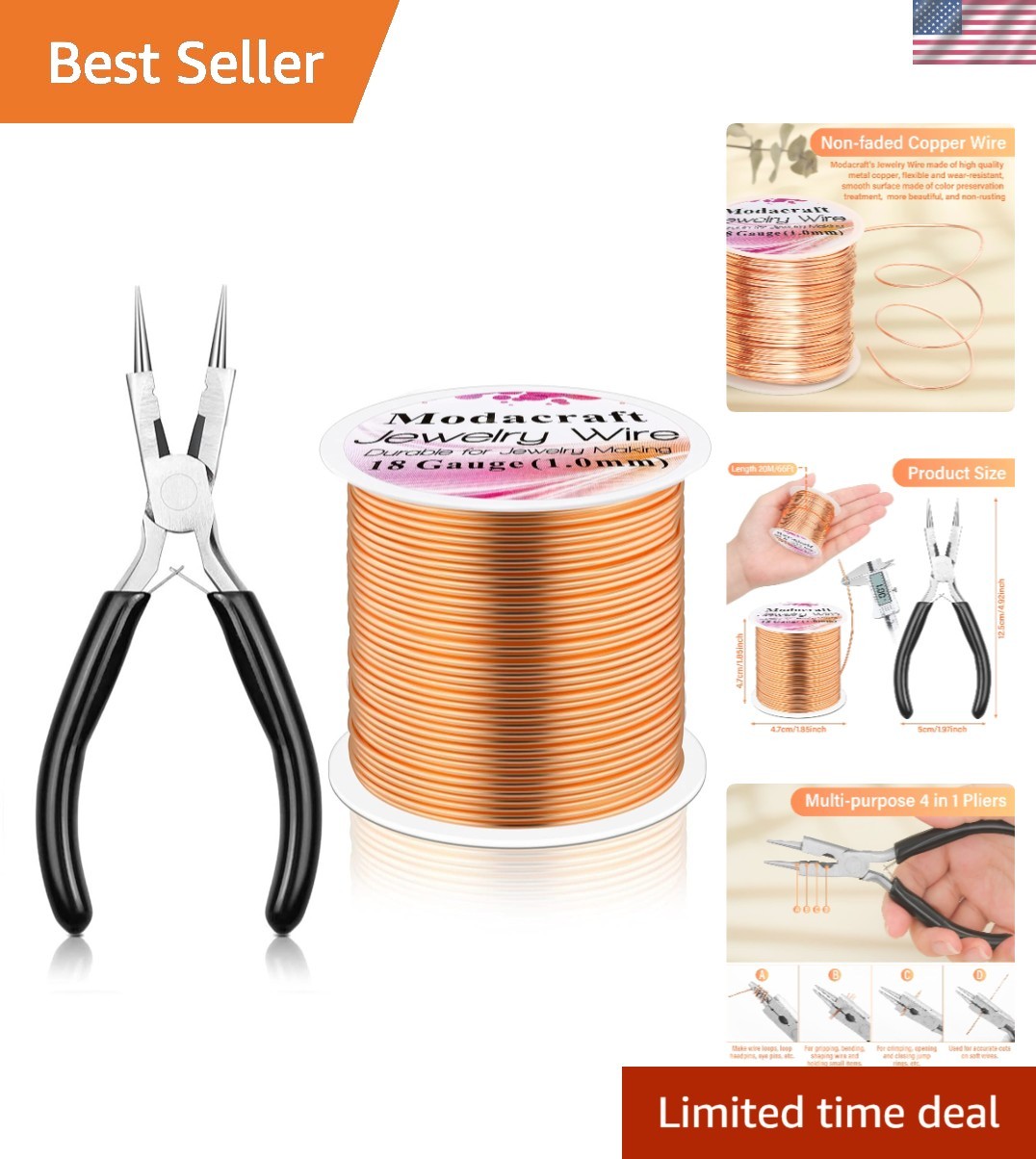 18 Gauge Copper Wire 65Ft with 4 in 1 Pliers – Ideal for Jewelry Making & Crafts