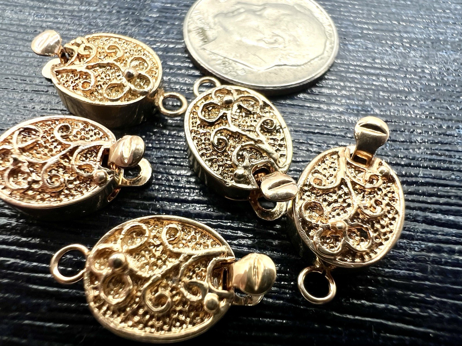 5 Pcs VTG Gold Wash Pinch Clasps Sterling Silver Oval 9x11mm Lot Single Strand