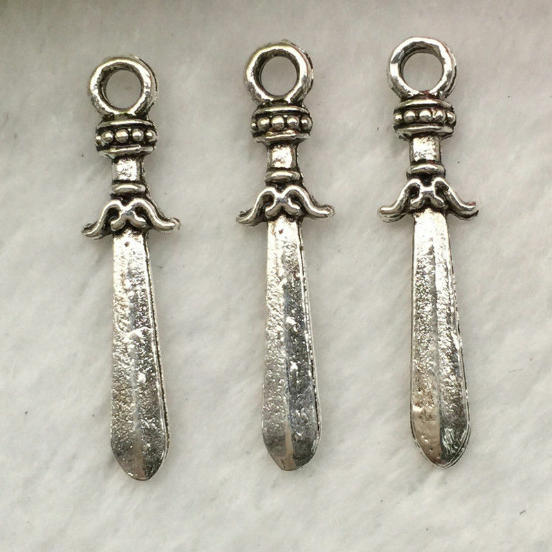 Bulk 50 Sword Charms Armor Charm Antique Silver 22 x 5 mm US Seller 941