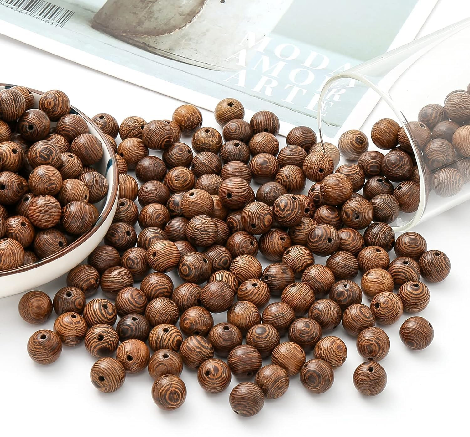 150PCS 12mm Dark Brown Wooden Beads Undyed Natural Stripe Round Wood Beads Bulk