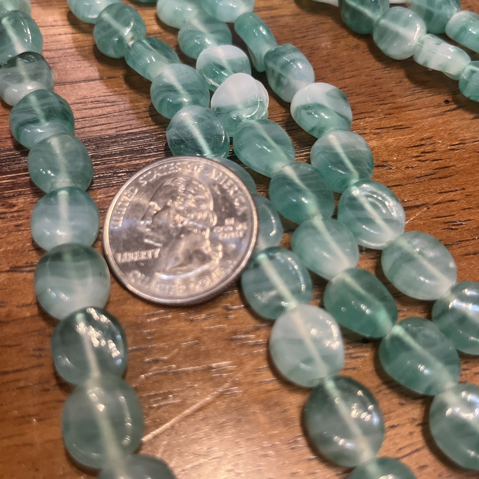 Vintage Art Glass Green Swirl Twist Beads 6in Strand