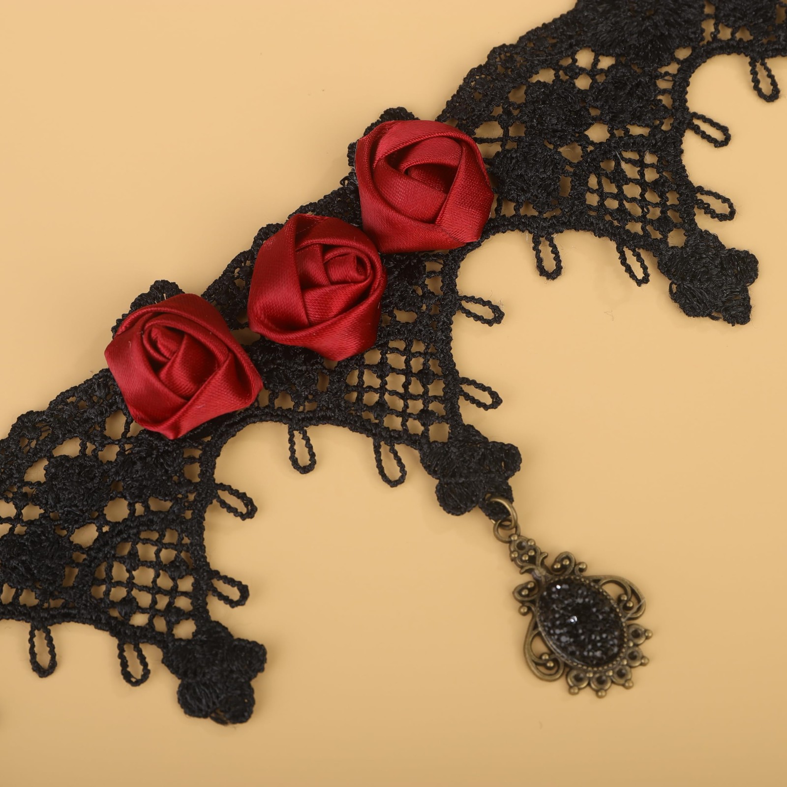 Dainty Vintage Red Flower Halloween Tassels Lace Choker Necklace Black Shinny Cr