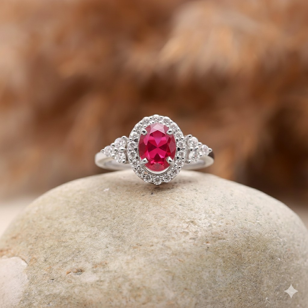 Ruby Moissanite Halo Ring | 925 Sterling Silver | Oval Red Ruby Engagement Ring