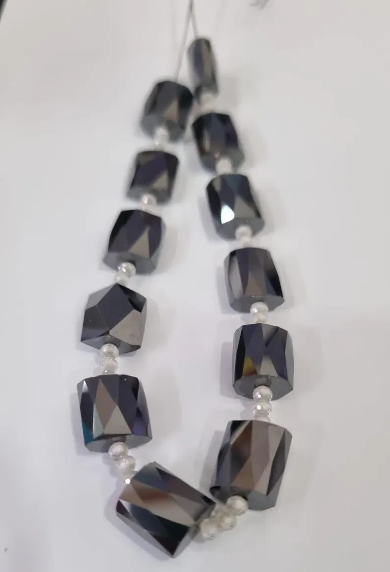 black Moissanite Tube & white 2.50 MM Round Beads Hand made |for