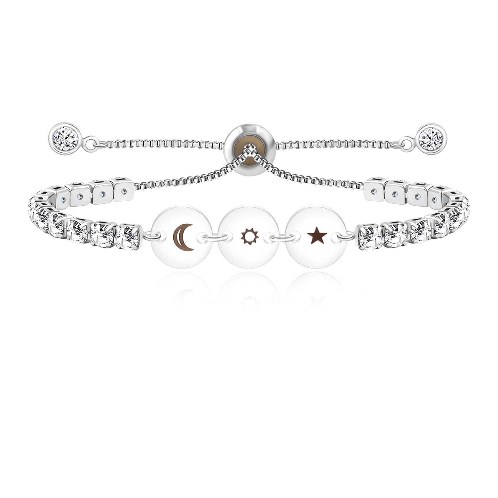 Platinum Plated Star Moon Sun Bracelet -3 Round Charm Tennis Bracelets for Women