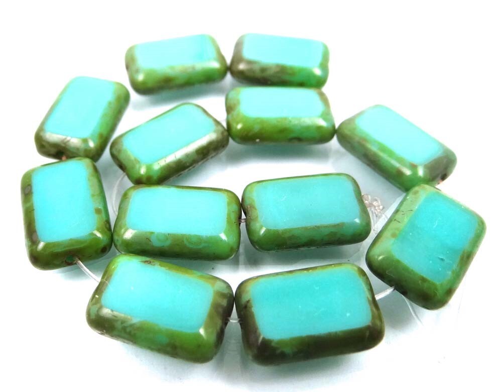 12 Czech Glass Rectangle Beads Turquoise – Picasso 12x8mm