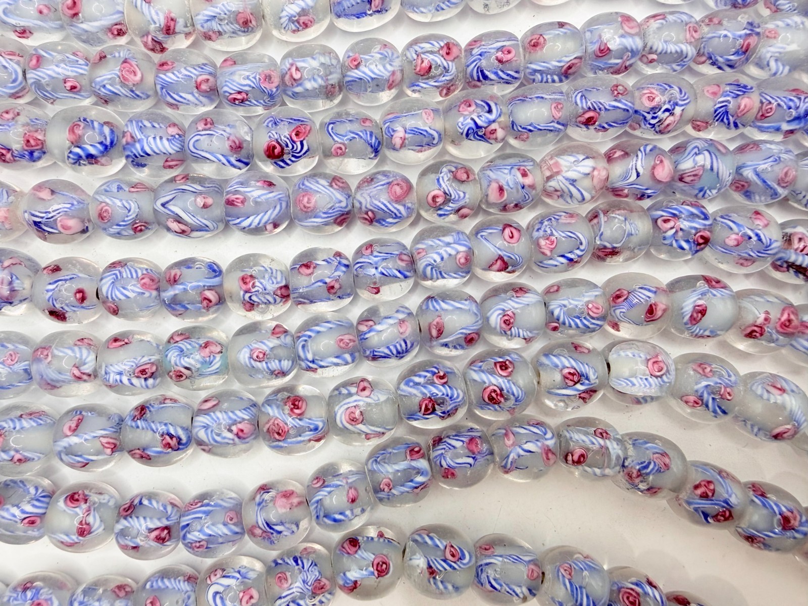 Blue Striped with Pink Rose 12mm Glass Millefiore Round Beads (14″ Strand)