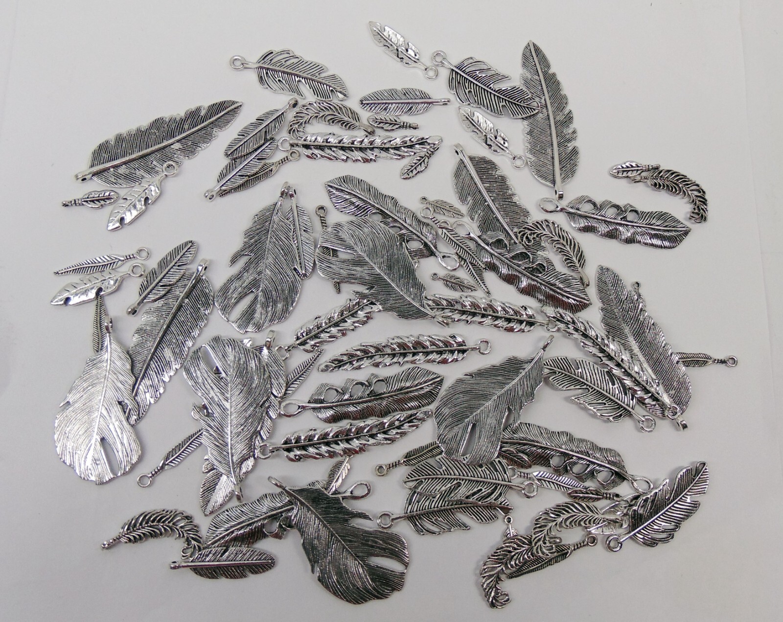 72 Metal Feather Charms Pendants w/ Loop ~ Antique Silver Mix of Sizes + Shapes