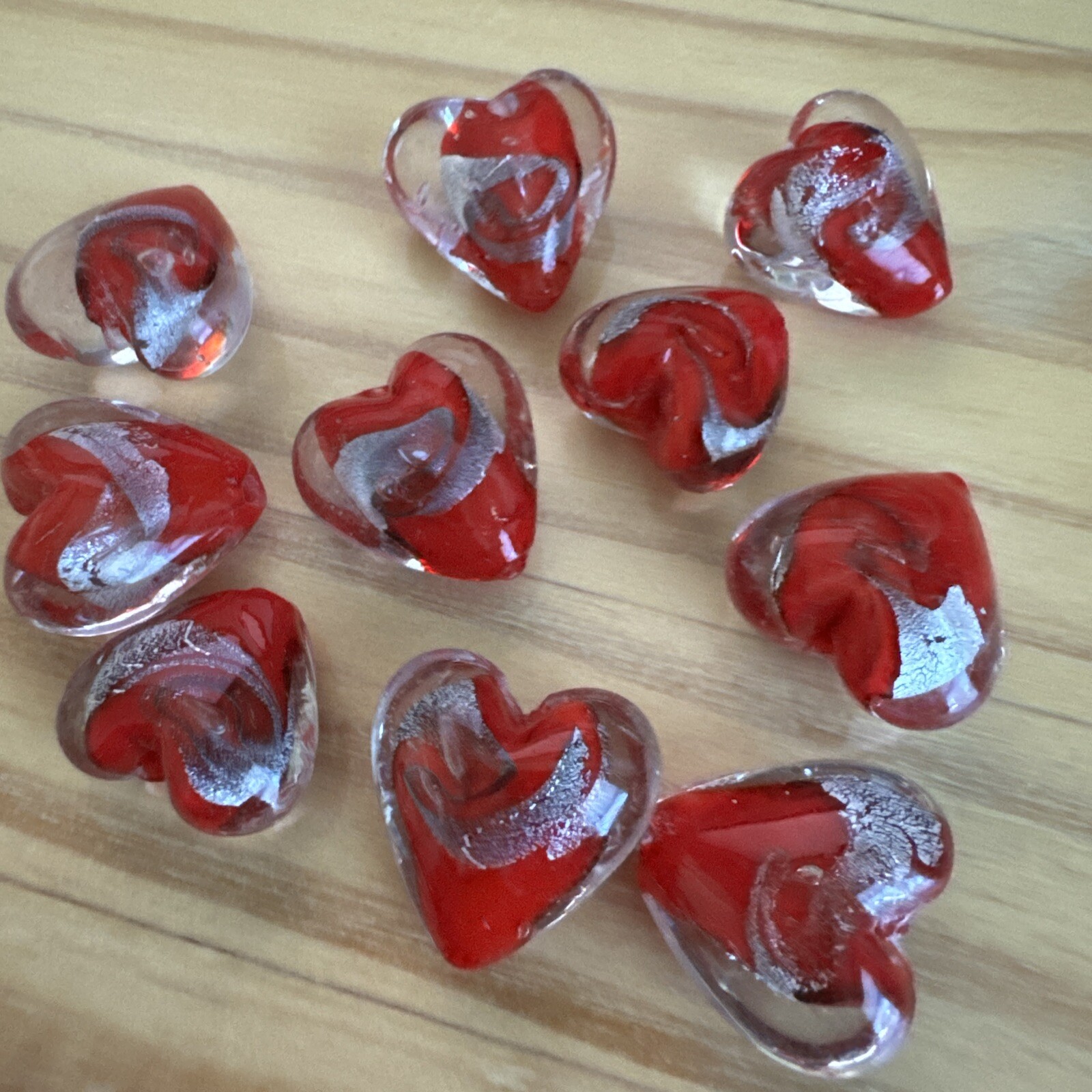 10 RED SILVER FOIL LAMPWORK HEART BEADS 20mm – Assorted DIY JEWELRY MAKING