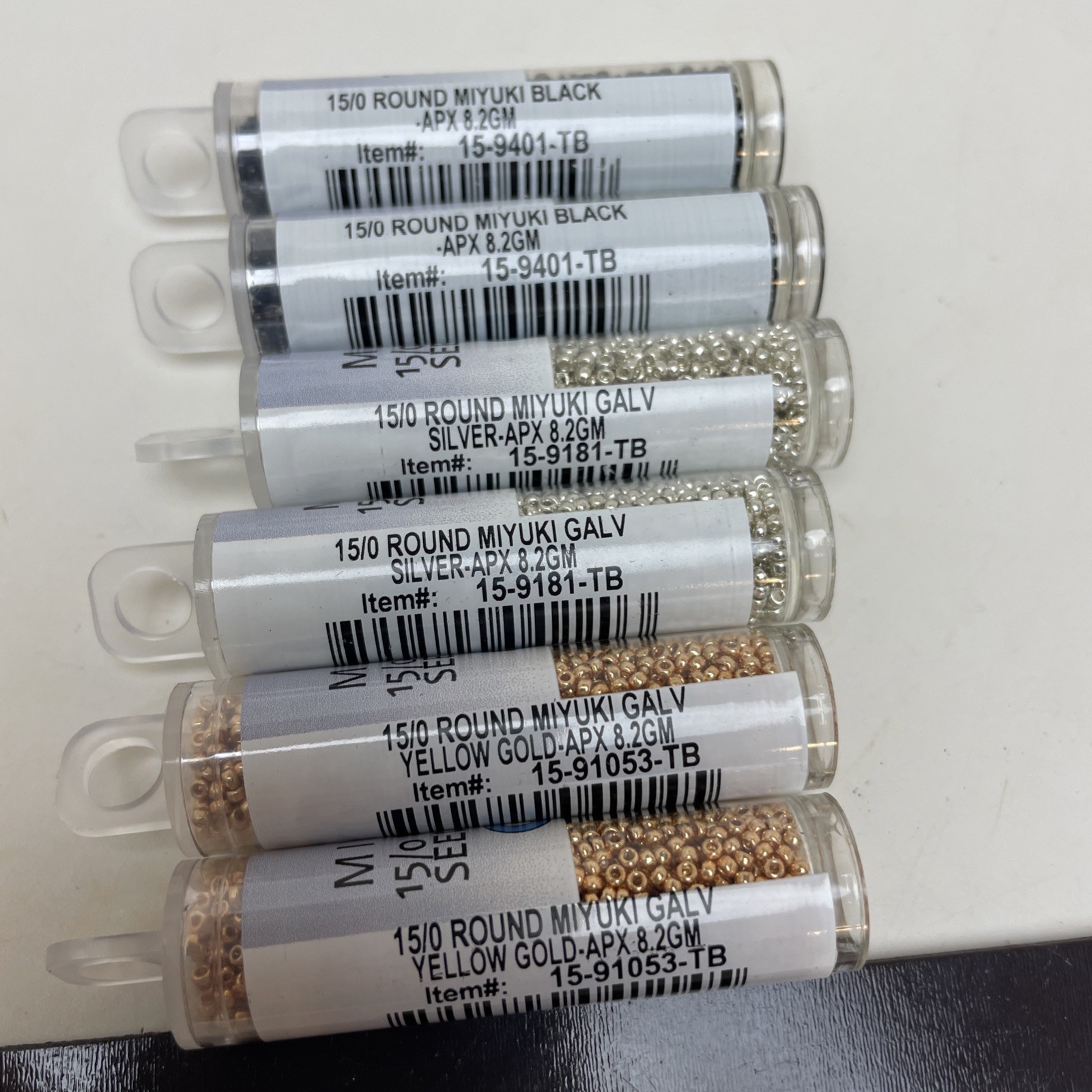 6 Tube Set: Miyuki Seed Beads Size 15/0, Gold, Silver & Black, 49 Grams