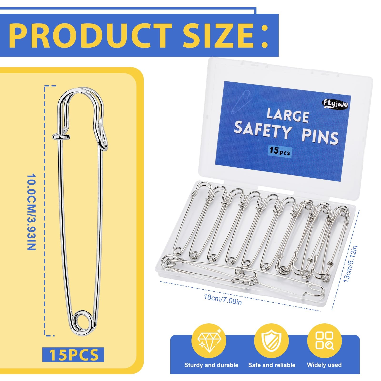 15 Pack 4 Inch Large Safety Pins Heavy Dty Silvery Pins for Blankets & Crafts