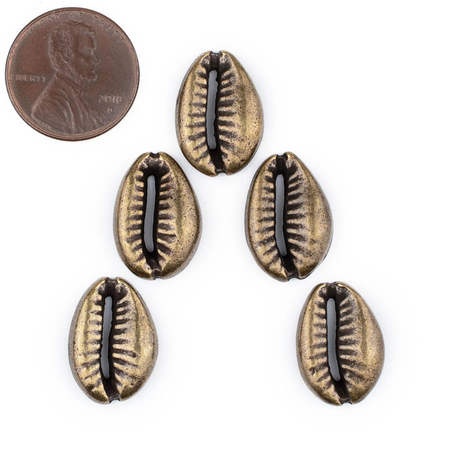 Antiqued Brass Cowrie Shell Beads Set of 5 18mm Unusual