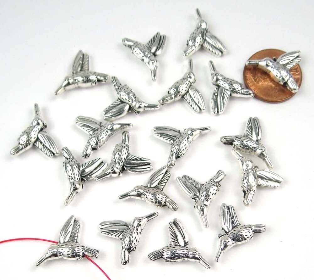 15 Hummingbird Flying Bird Charm Silver Pewter beads 18x14mm