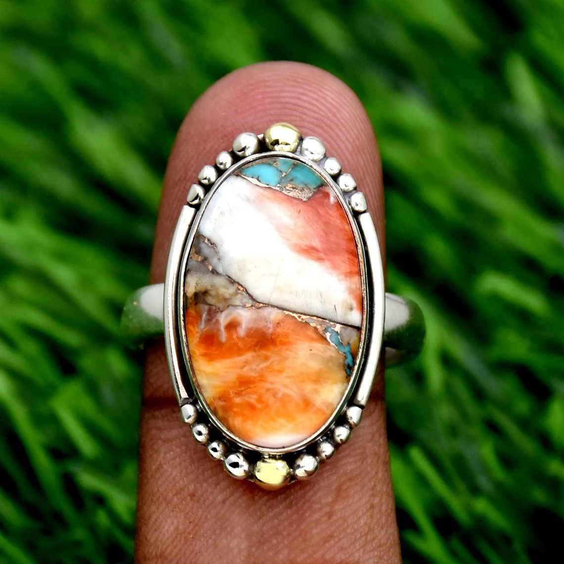 Spiny Oyster Ring 925 Sterling Silver Turquoise Gemstone Ring For Her