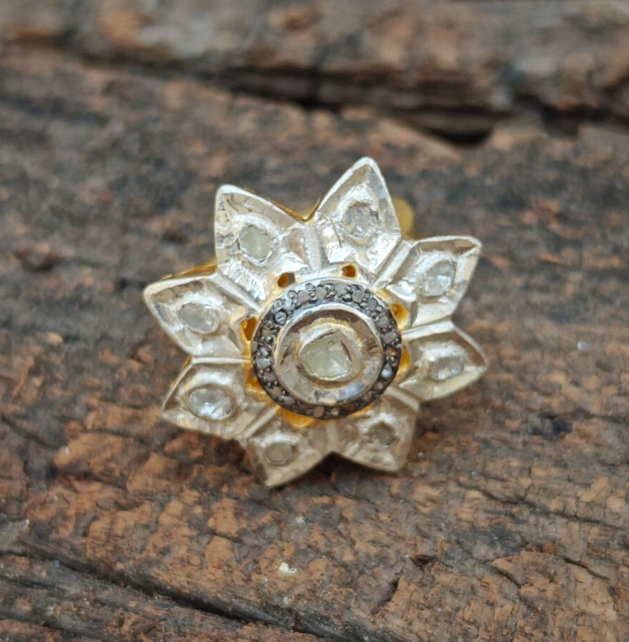 Star Design Rose Cut Polki Diamond Statement Handmade 925 Sterling Silver Ring
