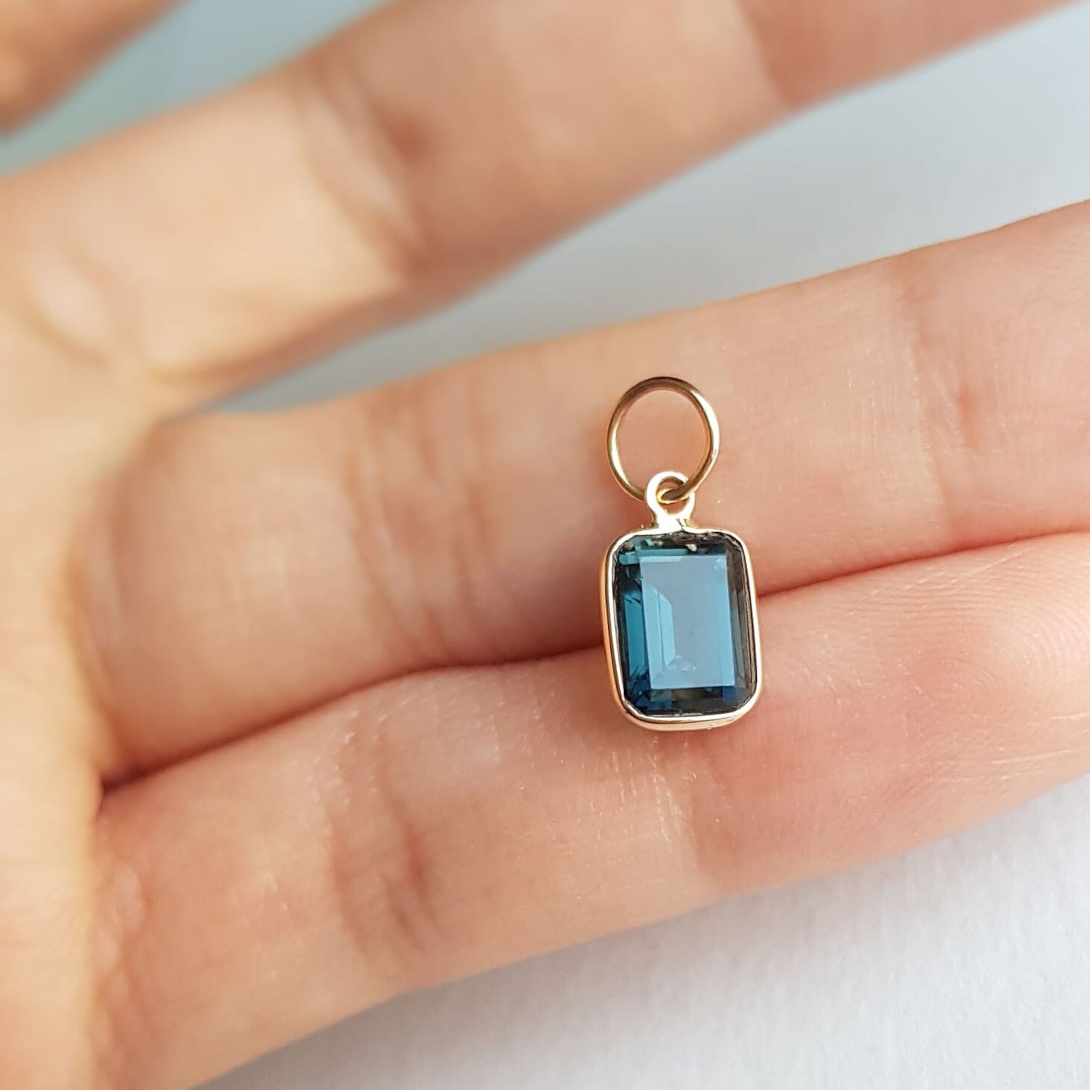Emerald Cut Lodon Topaz 18k Gold Charm Handmade Yellow Gold Minimal Pendant
