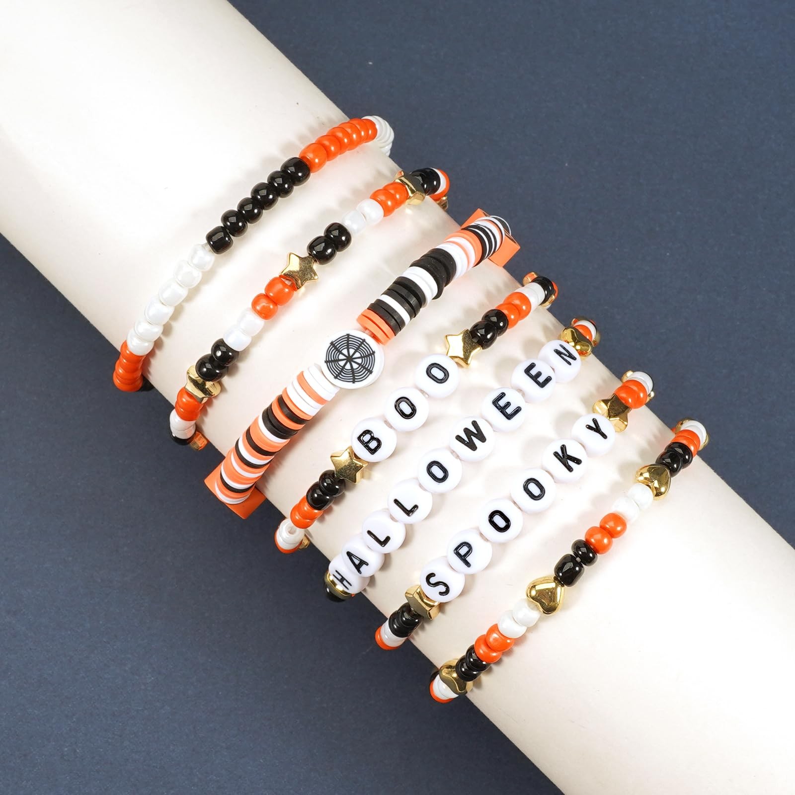 Halloween Heishi Bracelets for Women Boo Pumpkin Skull Spider Web Beaded Bracele