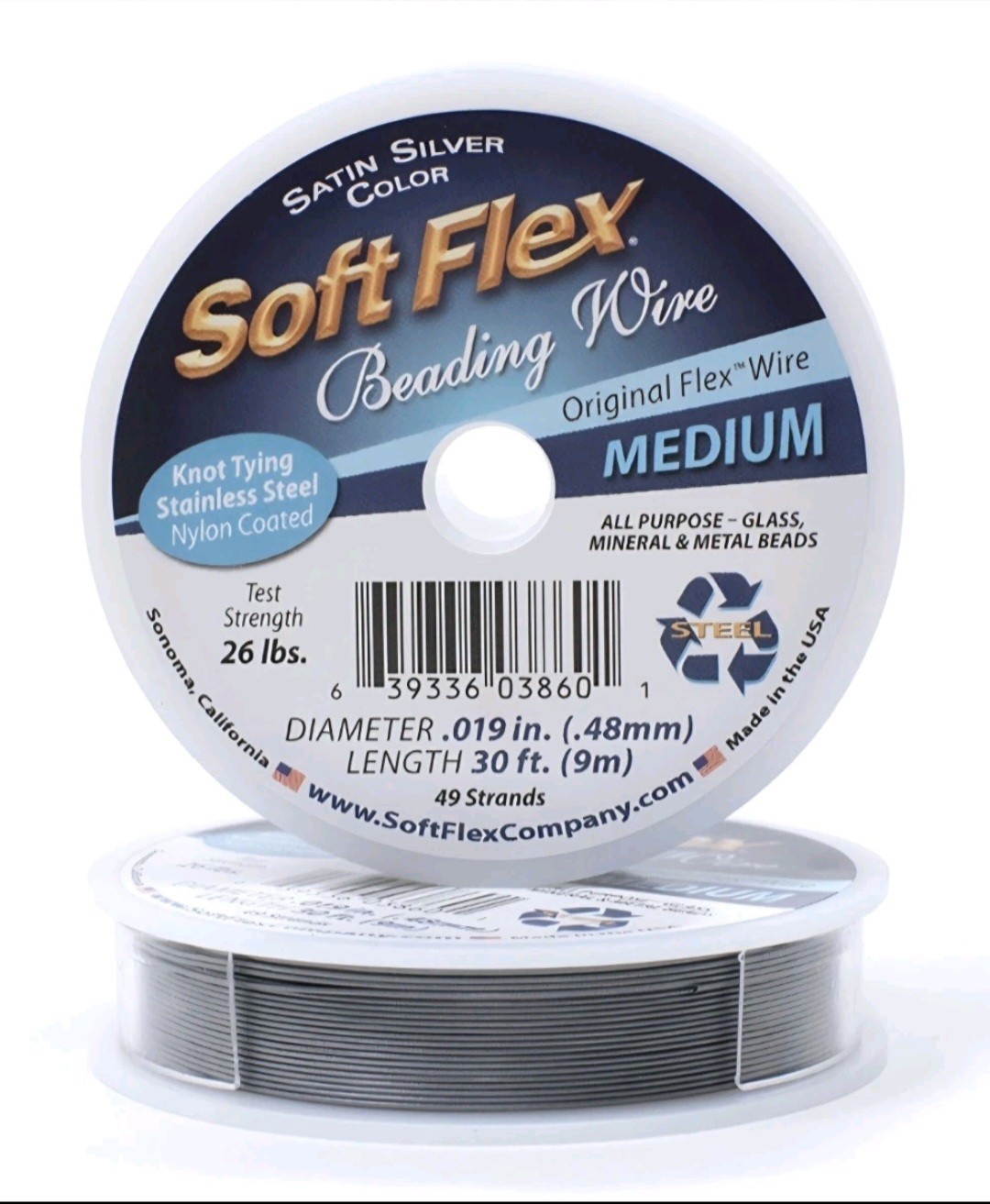 Soft Flex Satin Silver Beading Wire • 49 Strands/Medium Size/30ft Spool • New