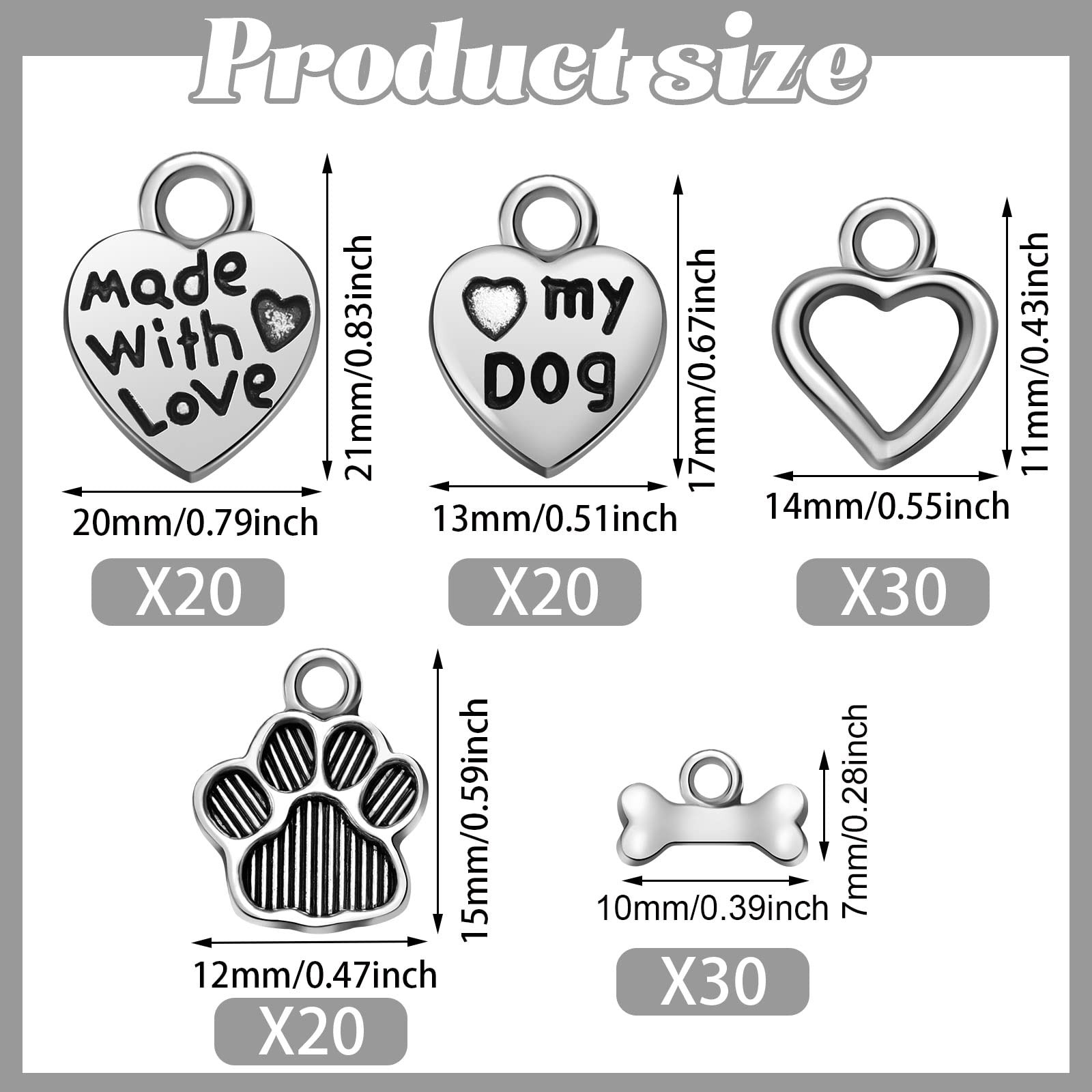 Junkin 120 Pieces Animal Dog Paw Charms Heart as shown in the picture, silver