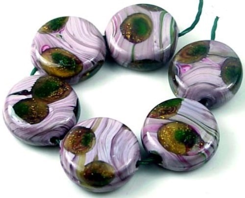 6 Handmade Lampwork Glass Foil “Purple Morning Glory” Disc Beads Flat Round 20mm