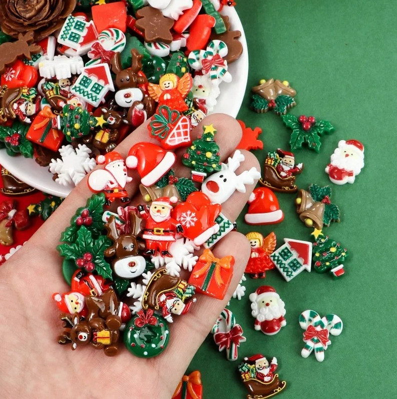 50pcs Christmas Resin Flatbacks Santa Snowman Tree DIY Craft Cabochons